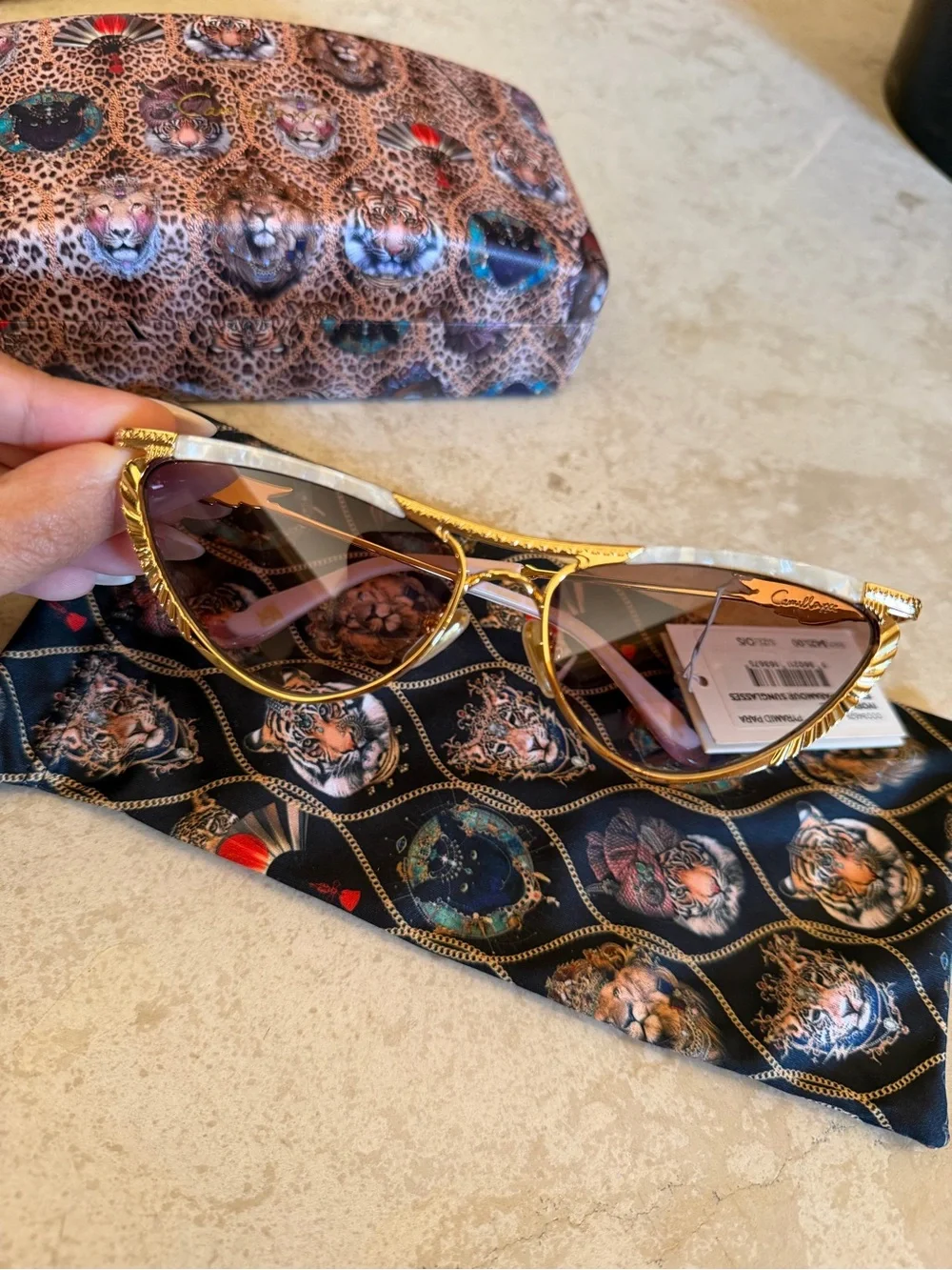 Camilla Ivory Marble Pyramid Paramour Sunglasses - Gold Accents